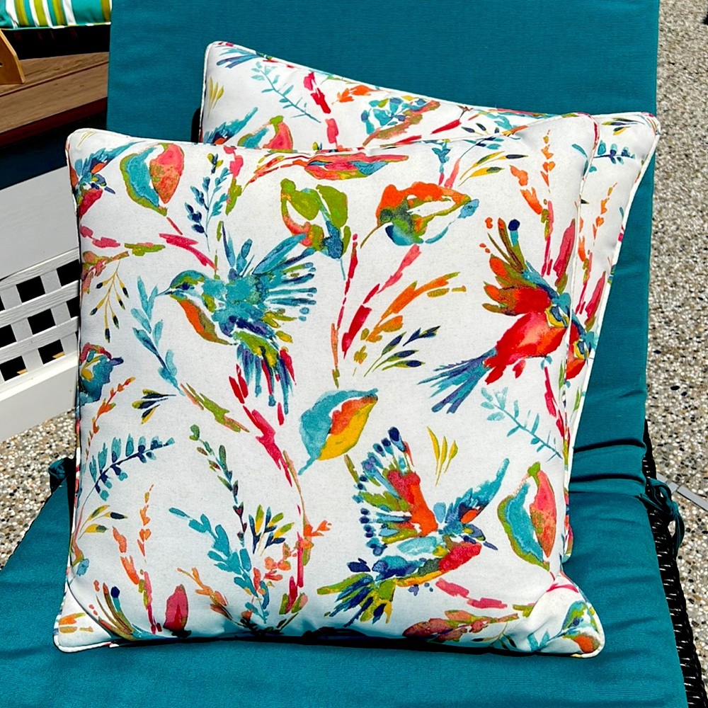 Set of 2 Pier One Outdoor Accent Pillows.  Hummingbird motif.